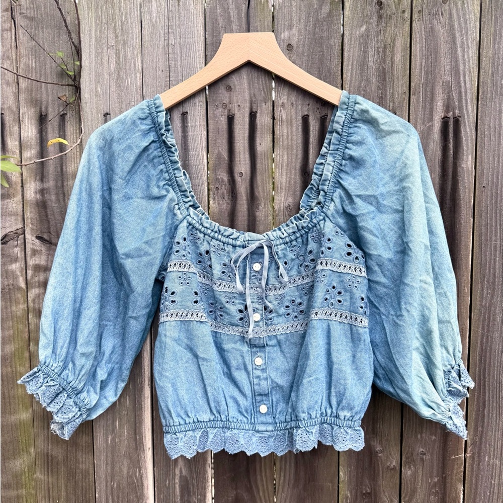 American Eagle Outfitters Denim Blue Blouse with Lace Detail